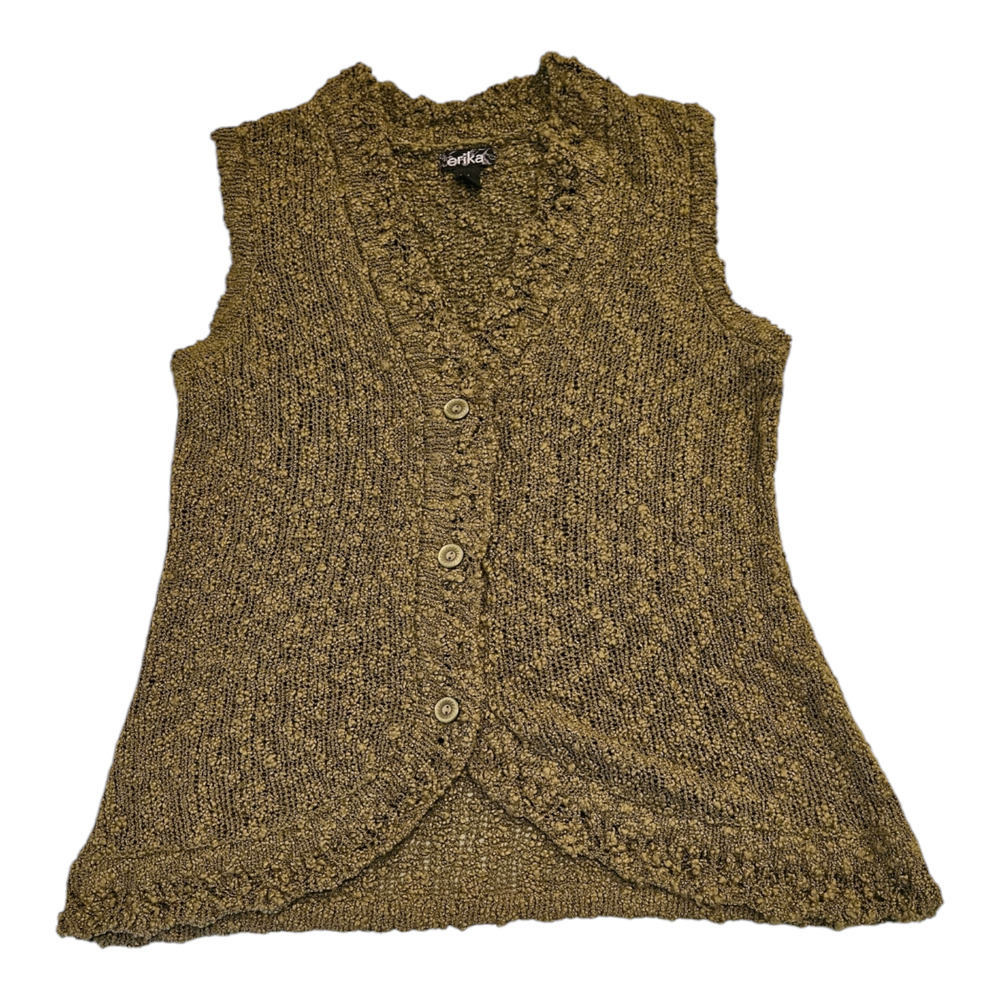 Erika Medium Green Knit Sleeveless Button Up V-Neck Shirt